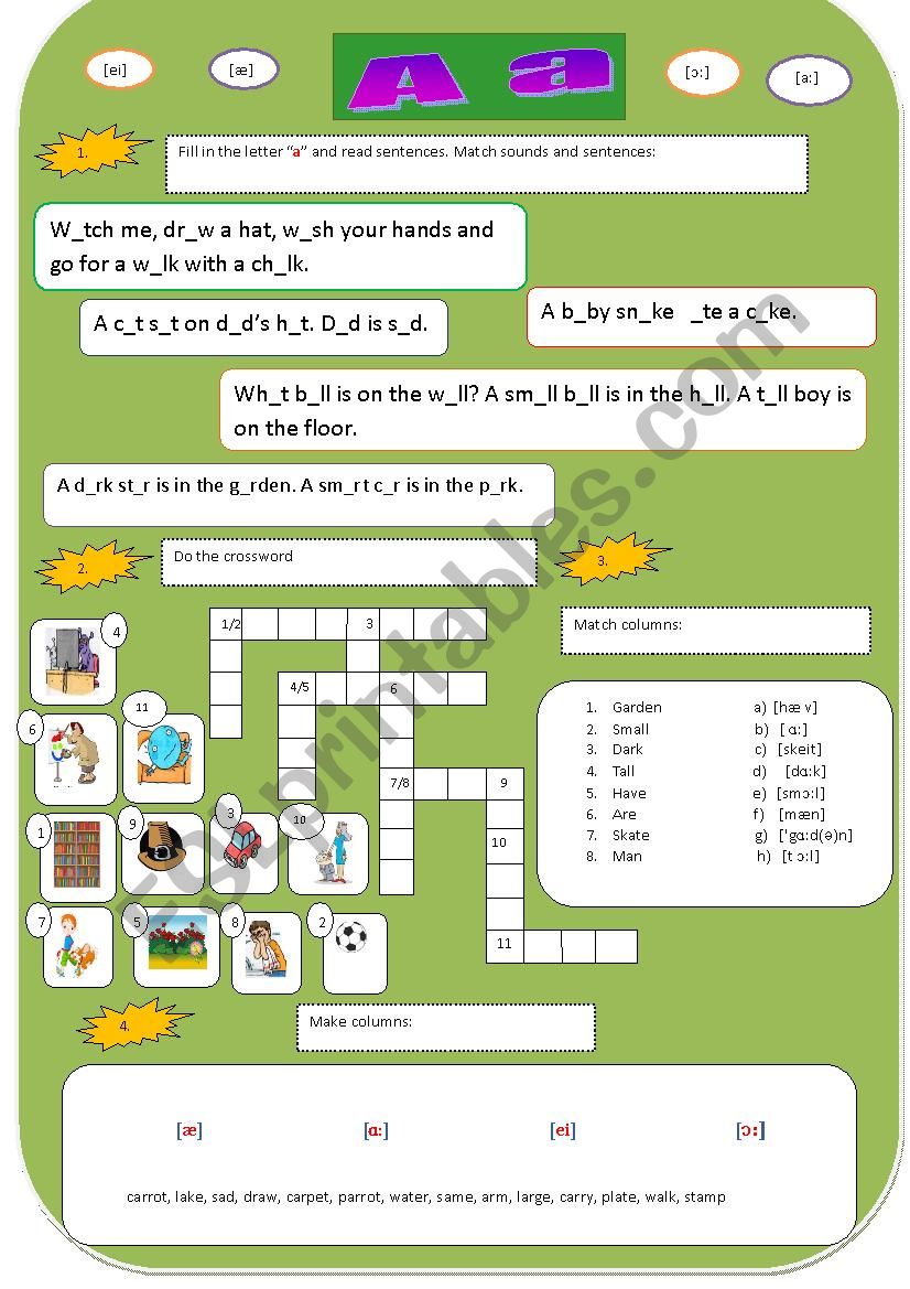 Phonetics Aa [ei] [æ] [ɔ:] [a:] + crossword and pictures